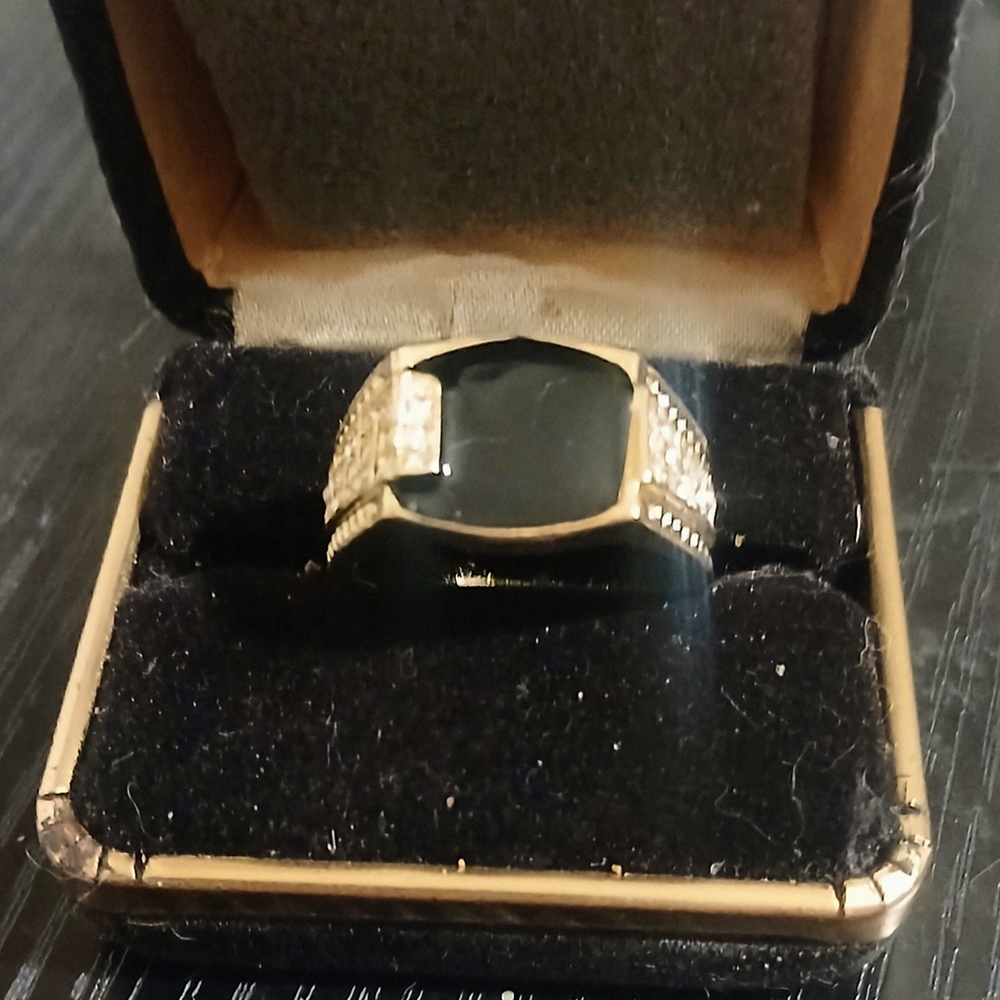 Gold-Tone Men's Black Stone Signet Ring with Clear Accent Detailing